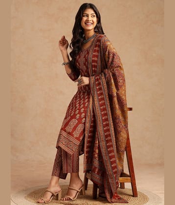 Vbuyz Women Cotton Printed Straight Kurti With Pants ( Maroon )