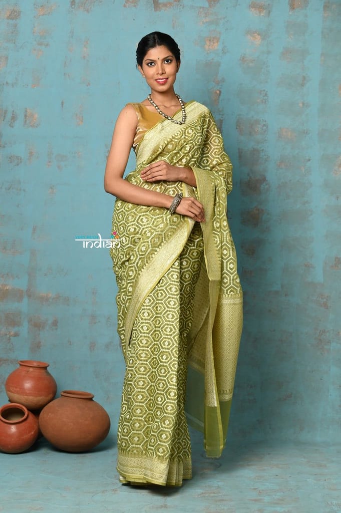 Tejaswi ~ Exclusive High Quality Handloom Banarasi Cotton Saree with Beautiful Abstract Print- Leaf Green - Sarees | Buy online on ZillyBuy
