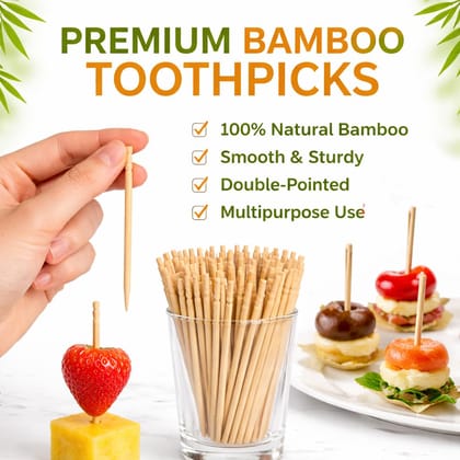 Natural Bamboo Toothpicks (600+ Pieces) � Smooth Finish Wooden Cocktail Picks with Decorative Top, Double-Pointed Toothpick Sticks for Fruits, Vegetables
