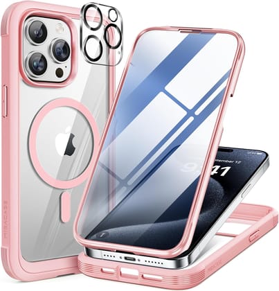 iPhone 15 Pro Max 360° Protection Case [PINK] : Front Screen + Back Cover + Camera Protector