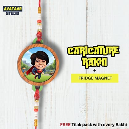 Personalized Caricature Rakhi with Fridge Magnet Unique Rakhi for Brother Caricature Durable Caricature Rakhi for Bhai Customised Photo Rakhi for Rakshabandhan (SPER-MAN-2)