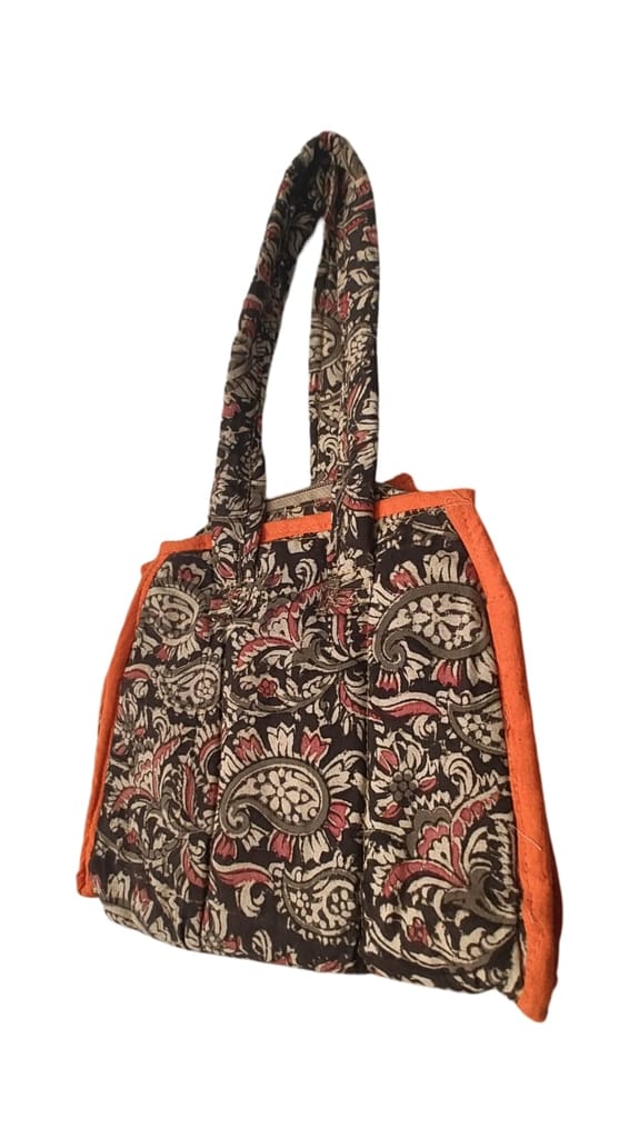 KALANKARI   Handcrafted Quilted Cotton Tote Bag with Floral Print and Orange Trim