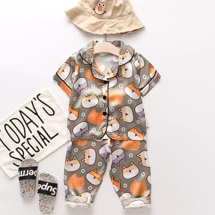 Printed Multi Color Satin Co-ord Set for Boys and Girls-1-2 year