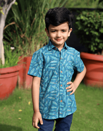 Sea Green Hand Block Printed Boys Shirt-2-3 Yrs