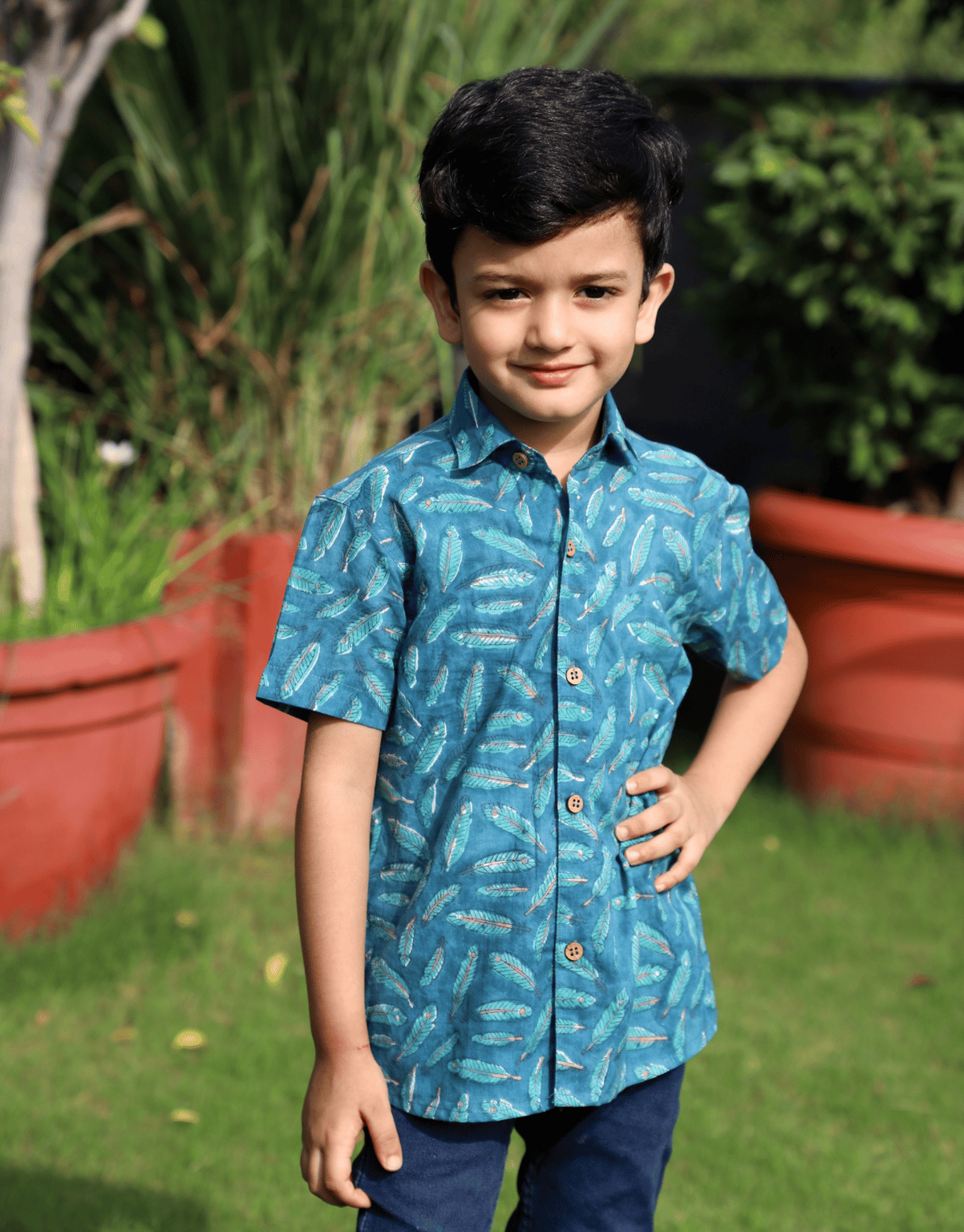 Sea Green Hand Block Printed Boys Shirt-2-3 Yrs