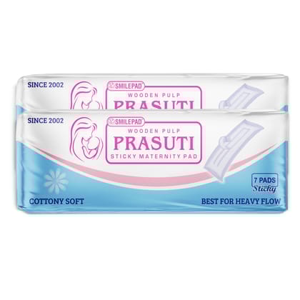 Prasuti Sticky Maternity Pad for Women - Set of 2 Packs, Each Pack 7 Pads | Super Absorbent, Soft and Rash Free, Adhesive Sticky Tape