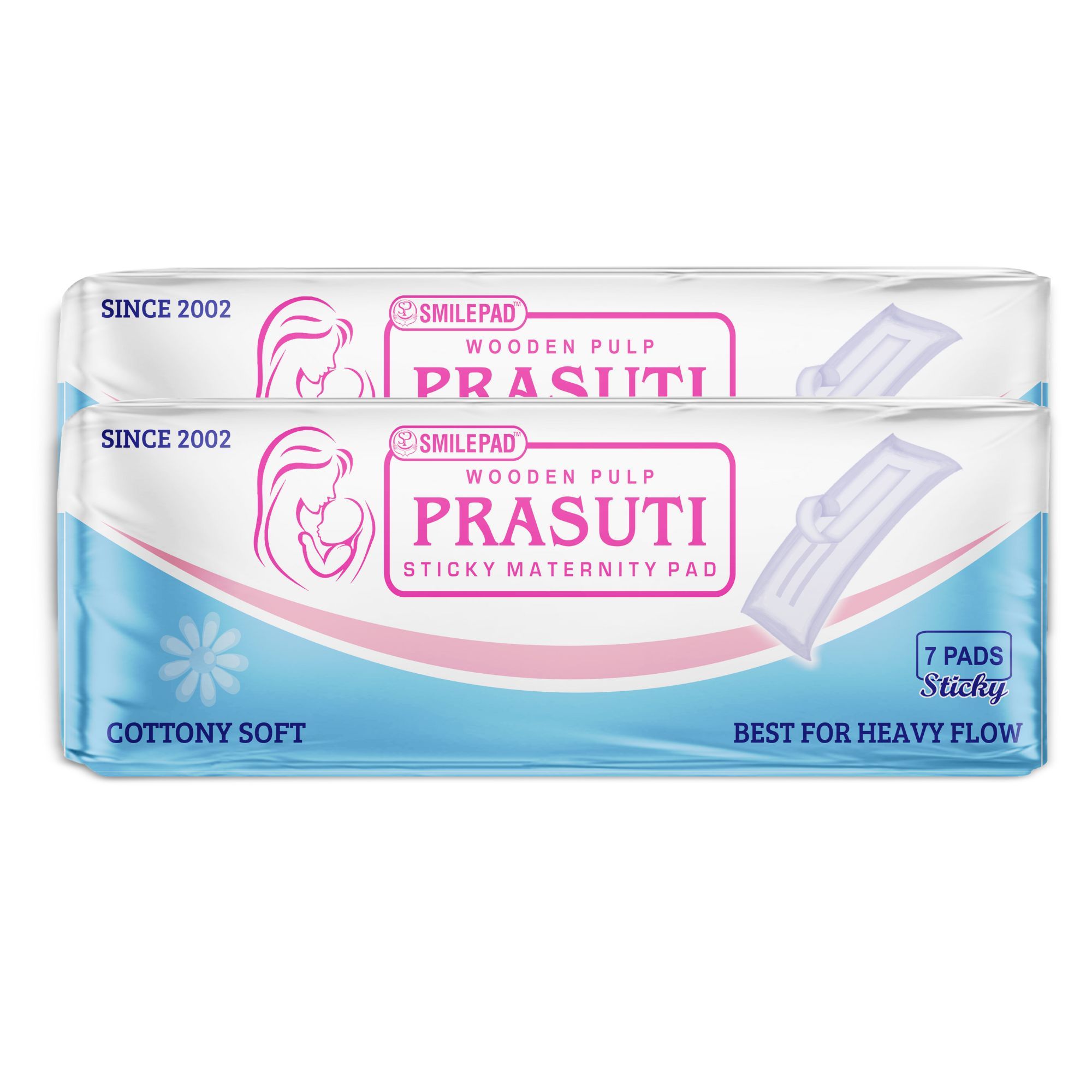 Prasuti Sticky Maternity Pad for Women - Set of 2 Packs, Each Pack 7 Pads | Super Absorbent, Soft and Rash Free, Adhesive Sticky Tape