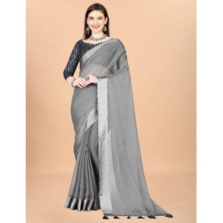 Grey Colour Chiffon Solid Printed Saree With Blouse Piece