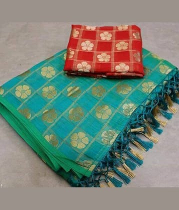 Shree Gullak Silk Jacquard Printed Saree With Unstitched Blouse Piece ( Teal )