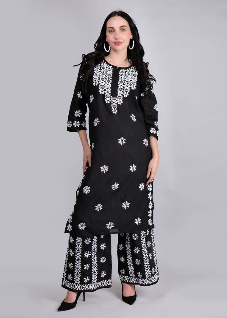 Pure Cotton Hand Embroidered Chikankari Plazo Set
