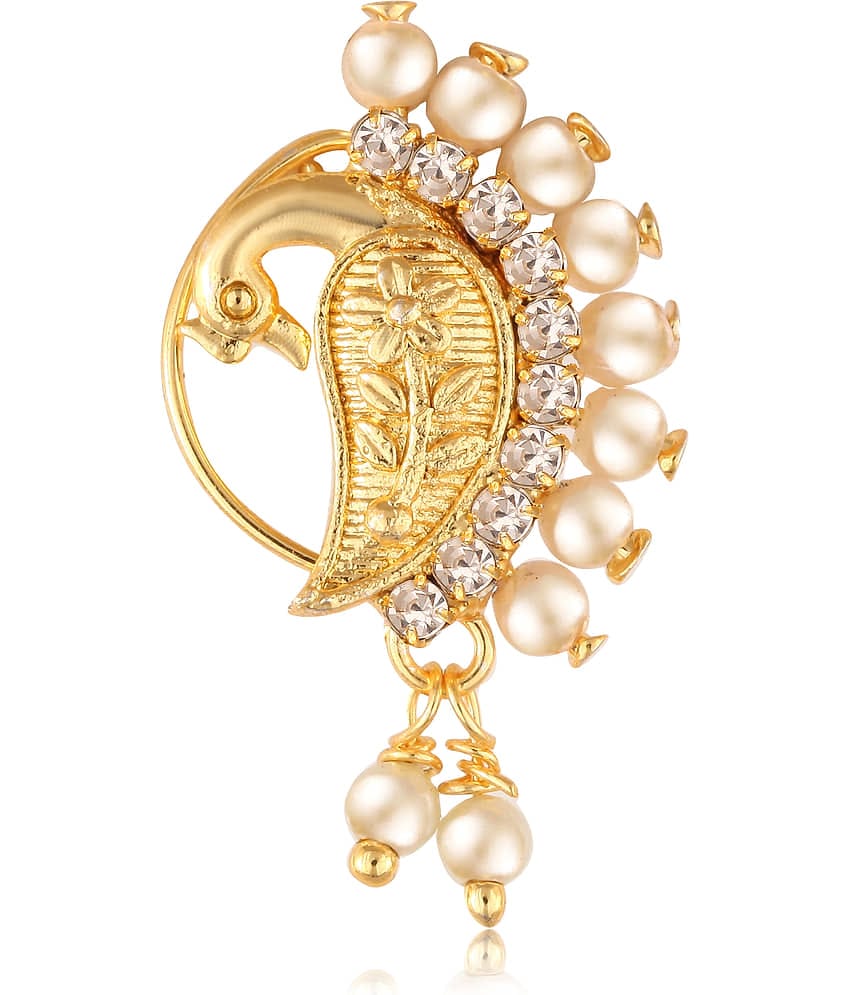 Vighnaharta Gold Plated with Peals Alloy and CZ stone Non Piercing Maharashtrian Nath Nathiya./ Nose Pin for women  [VFJ1078NTH-Press-White ]
