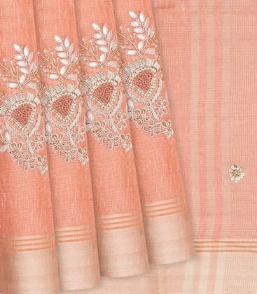 Peach Tissue Embroidered Saree With Floral Butta Motifs-Peach-Peach