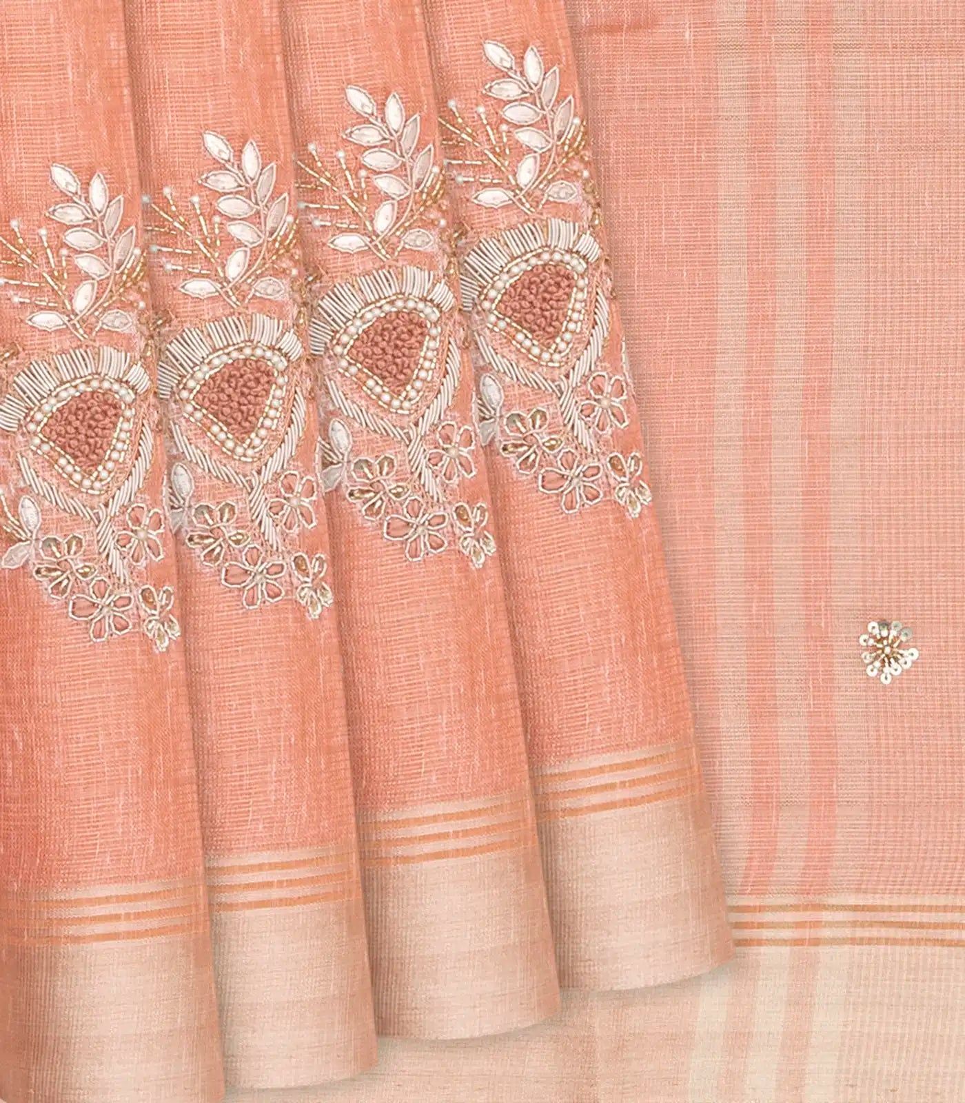 Peach Tissue Embroidered Saree With Floral Butta Motifs-Peach-Peach