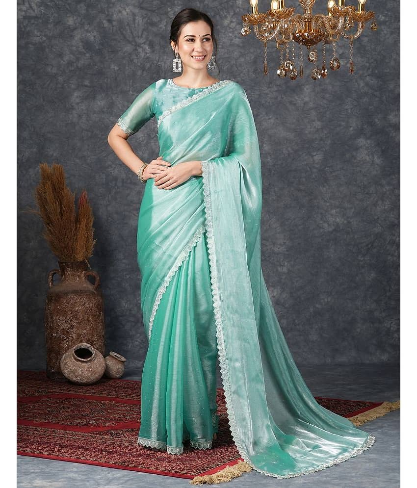 Samah Chiffon Embellished Saree With Unstitched Blouse Piece ( Turquoise )