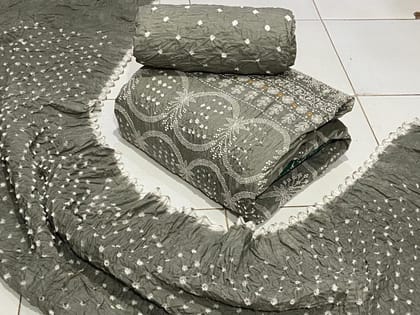 Cotton Satin Laknavi Bandhani Material-Grey