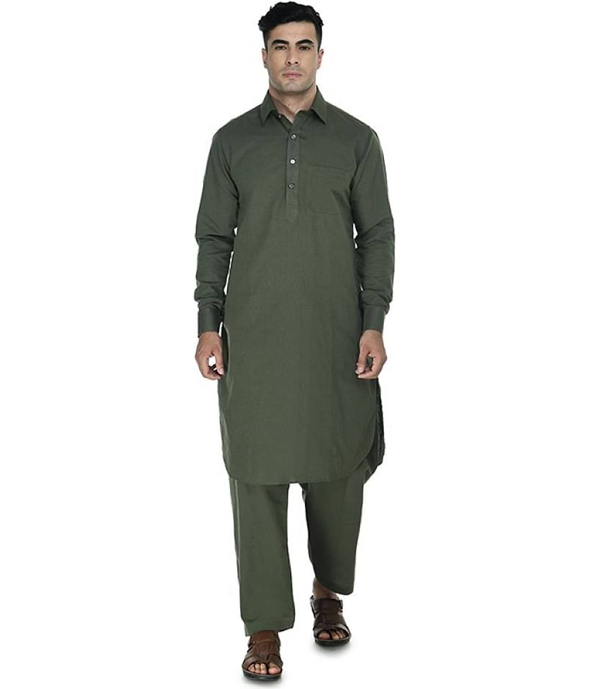 DESIGN TREND Dark Green Cotton Pathani Suit Pack of 1