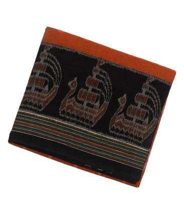 Rust Handloom Orissa Cotton Saree With Contrast Black Border-Rust
