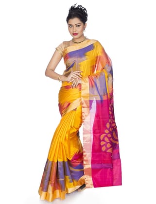 Turmeric Yellow Kanchipuram Silk Saree with Dark Pink Pallu