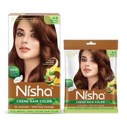 Nisha Creme Hair Color Combo Pack 4.0 Natural Brown (120g Box & 40g Pouch), Ammonia Free Permanent Hair Colour