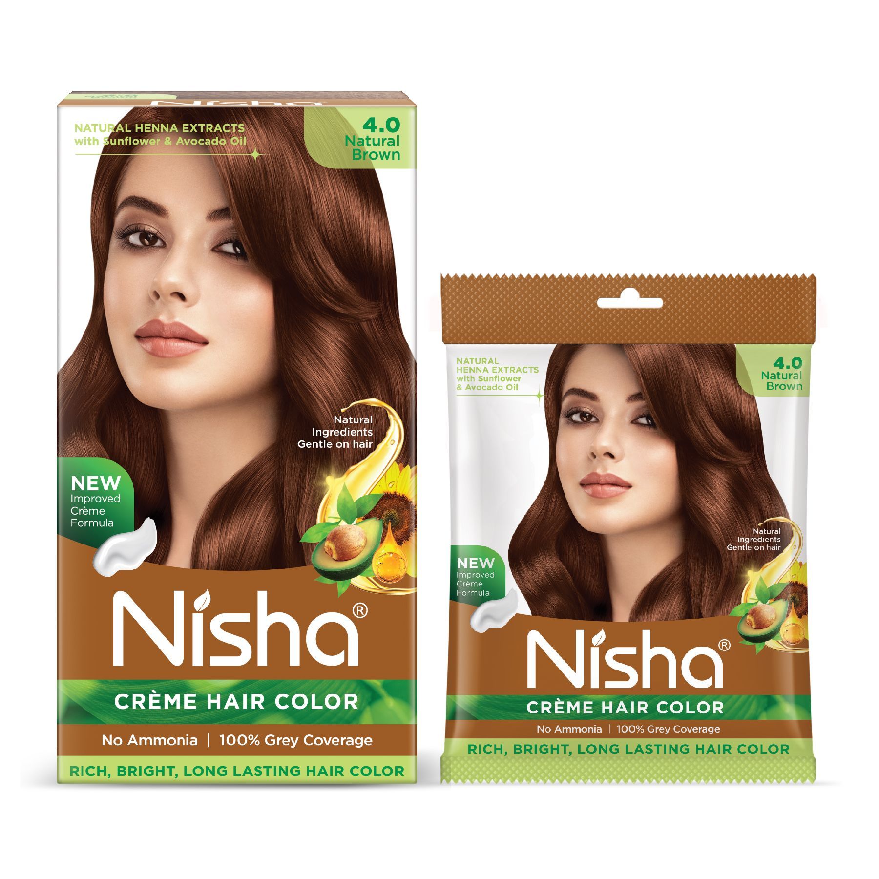 Nisha Creme Hair Color Combo Pack 4.0 Natural Brown (120g Box & 40g Pouch), Ammonia Free Permanent Hair Colour