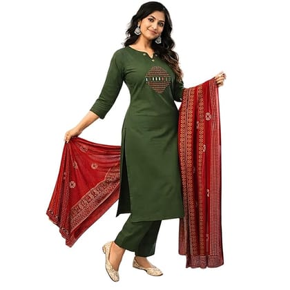 Embroidered Kurti Set with Matching Dupatta & Pants