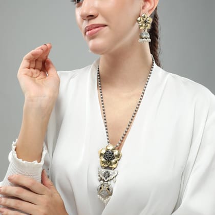 Flora Gold Plated Oxidized Long Necklace Set-STONES OXIDIZED METAL ALLOY / GOLD SILVER