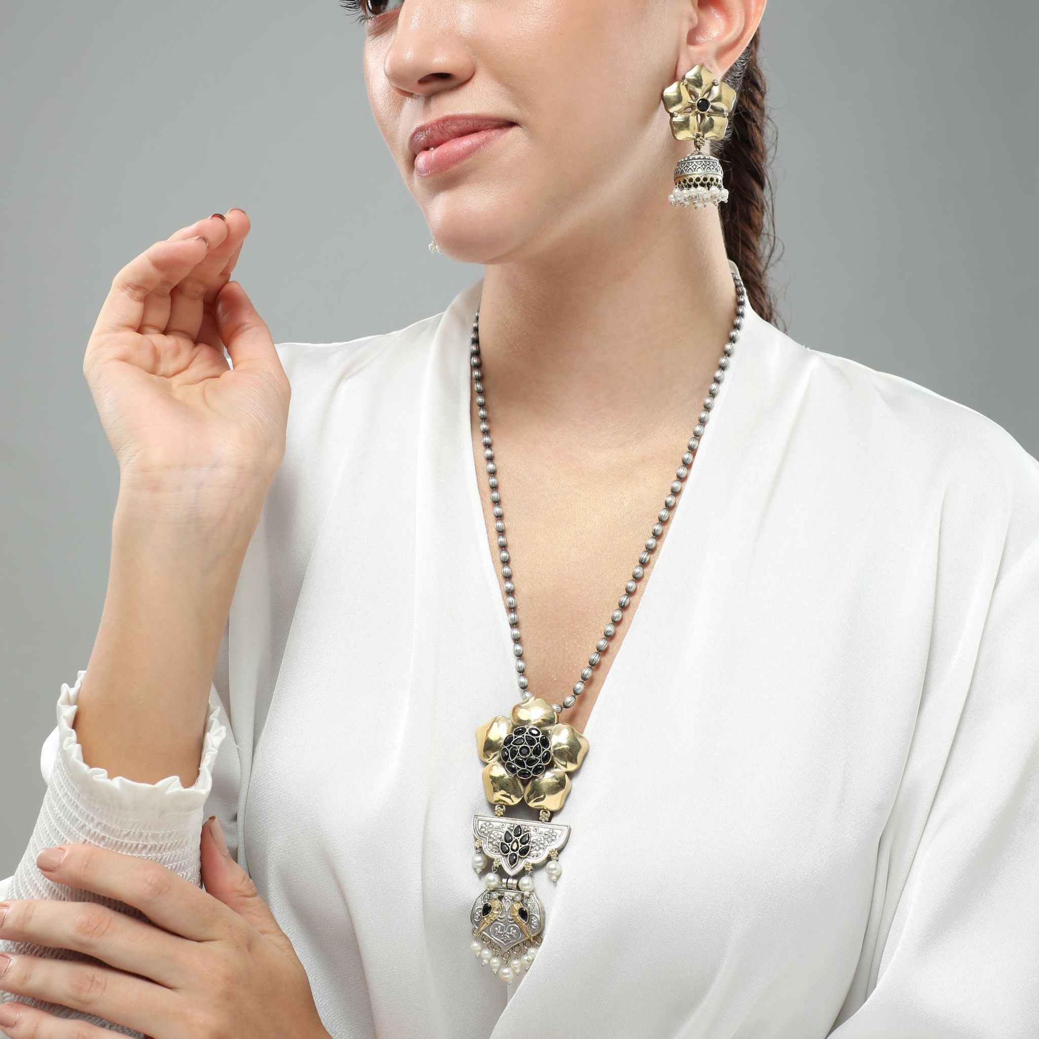 Flora Gold Plated Oxidized Long Necklace Set-STONES OXIDIZED METAL ALLOY / GOLD SILVER