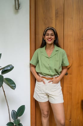 Pure Cotton Open Collar Shirt-Green-XS