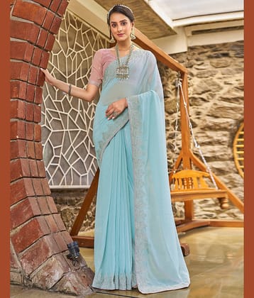 Satrani Georgette Embroidered Saree With Unstitched Blouse Piece ( Light Blue )