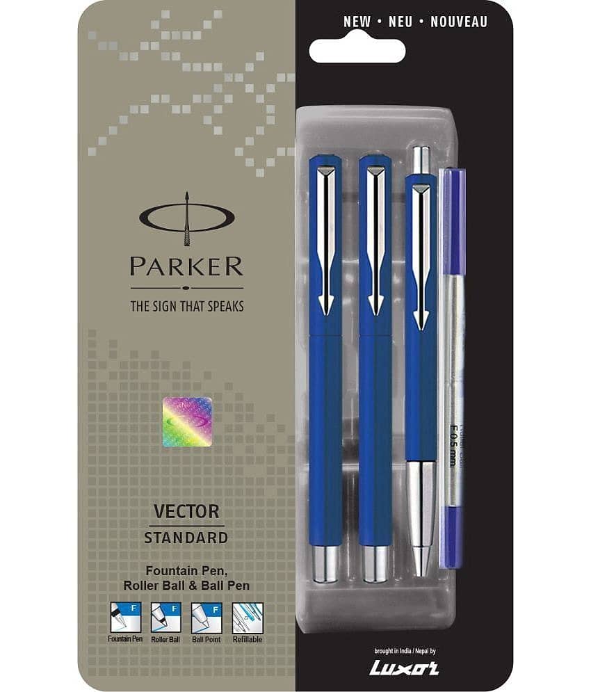 Parker Vector Standard Triple Blue Body (Fountain Pen+Roller Ball Pen+Ball Pen) Pen Gift Set (Pack Of 3, Blue)