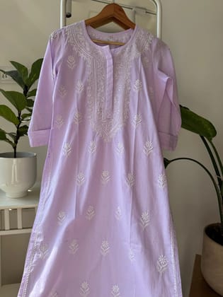 Mul Cotton Chikankari Kurti - Lilac-Lilac / cotton / S