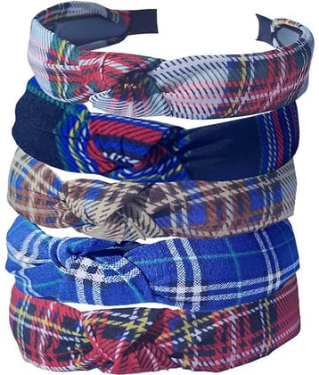FOK 5 Pieces Non Slip Fabric Checked Design Knot Wide Elastic Headbands for Women & Girls