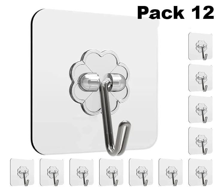 Rudra Adhesive Stronger Plastic Wall Hooks Hangers, Waterproof Stick for Kitchen Bathroom Shower Door Outdoor Home Improvement Utility Hook -12 Pcs Transparent