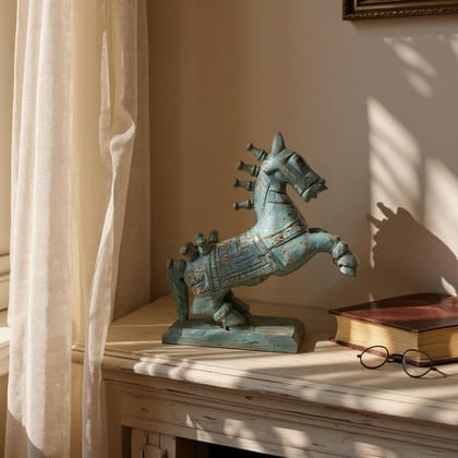 PREET SPICE Vintage Blue Wooden Rocking Horse Figurine - Handcrafted Rustic Decor Accent