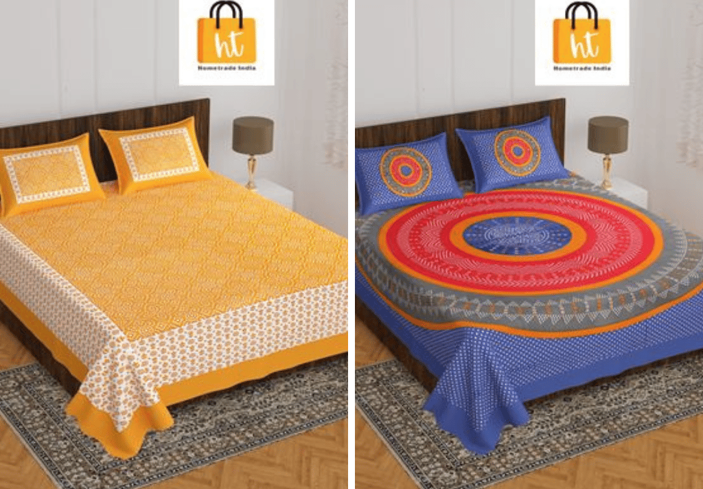 2201-Hometrade India- Standard Double Size (90*100 in )-Combo Jaipuri Double bedsheet With Matching Pillow Cover