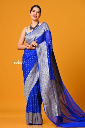 Suhaani ~ Handloom Khaddi Georgette Saree With All Over Floral Jaal~ Peacock Blue