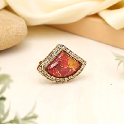 Radiant Red Color Kundan Ring For Women-Ring_Size_Adjustable | Diameter Length: 3.00 CM x Width: 3.50 CM / Green / Alloy With Good Quality Mehndi Gold Plated