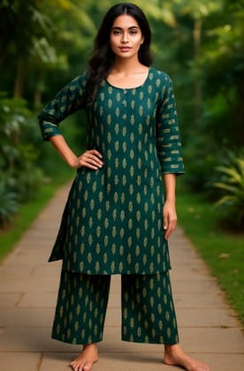 Dark Green Leaf Ethnic PalazzoKurti Set for Women