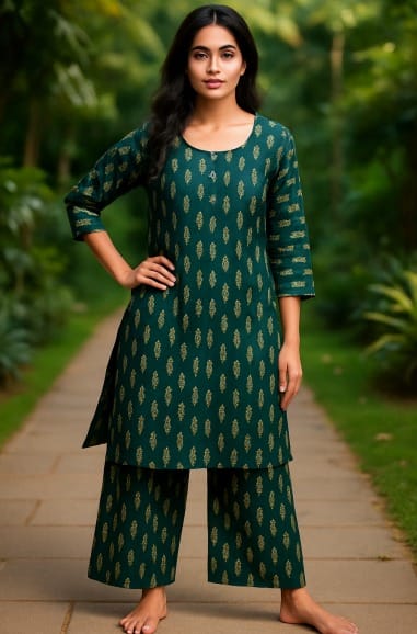 Dark Green Leaf Ethnic PalazzoKurti Set for Women