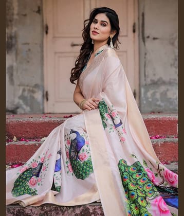 Almaari Fashion Cotton Silk Printed Saree With Unstitched Blouse Piece ( Cream )