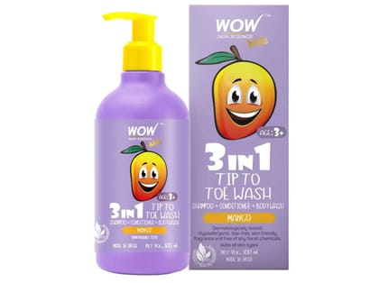 WOW 3-in-1 Tip To Toe Wash, Mango - Kids Shampoo + Conditioner + Body Wash - No Sulphates & Parabens - 300ml