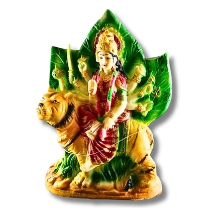 Saadhya Decors Maa Durga Idol on Lion with Green Drop Leaves – 23 cm Divine Nature-Inspired Durga Murti for Home Mandir, Office &amp; Sacred Gifting