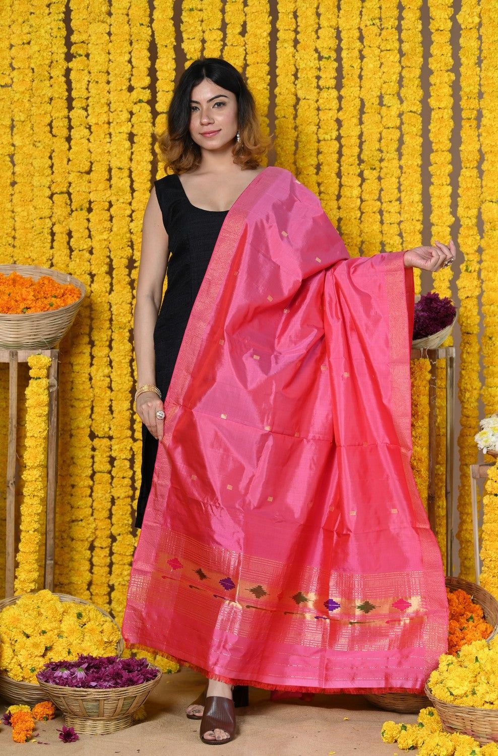 Rajsi~Handloom Pure Silk Paithani Dupatta With Beautiful Zari Work and Handwoven Buttis~Rose Pink