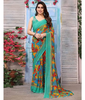 Samah Georgette Printed Saree With Unstitched Blouse Piece ( Turquoise )