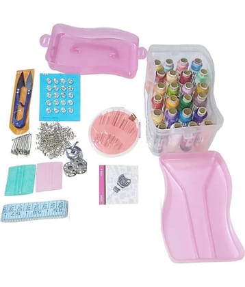 Unikkus Tailoring Sewing Kit/Dhaga Box for multipurpose, Box contains 12 items (1 Thread Box+24 Multi-Color Threads+1 Inchi Tape+2 Spools+1 Bobbins case+1 Cutter+2 Marker Chalk +20 Tich Buttons +10 safety pins+24 Needles+1 Threader+1 Hook Pkt) Sewing Kit