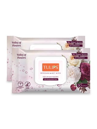 Tulips Refreshing Everyday Cleaning Wet Wipes made with PLANT based fibre, LID Pack (Valley of FLowers, Pack of 2) 30 wipes each Tulips Refreshing Everyday Cleaning Wet Wipes made with PLANT based fibre, LID Pack (Valley of FLowers, Pack of 2) 30 wipes each