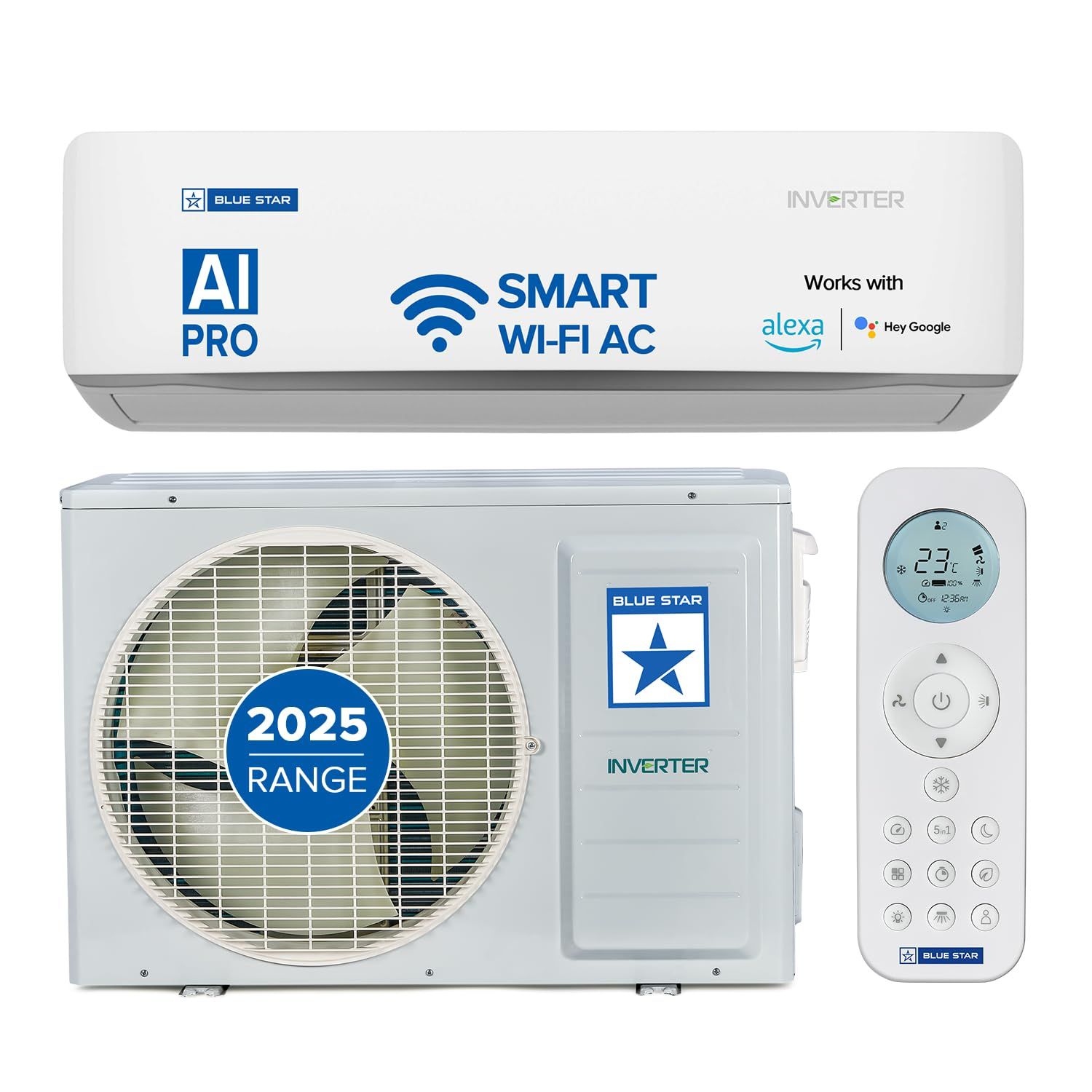 Blue Star 1 Ton 5 Star, 60 Months Warranty, Wi-Fi Smart Inverter Split AC (Copper,Convertible 5 in 1 Cooling, AI Pro, Voice Command, DigiQ Hepta Sensors, 4 Way Swing, 2025 Model, ID512ZNURS, White) Blue Star 1 Ton 5 Star, 60 Months Warranty, Wi-Fi Smart 