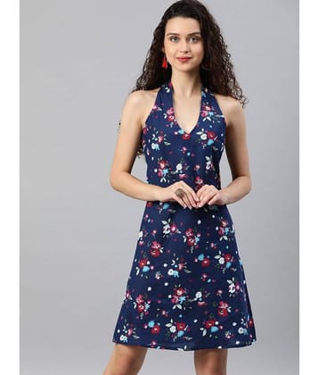 Yash Gallery Women Cotton Printed A-line Dress ( Navy Blue )