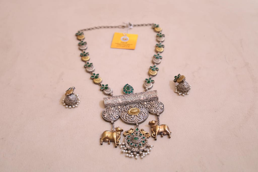 Antique Style Necklace with Green Stones, Silver-Gold Dual Tone, Elephant Charms and Pearl Clusters