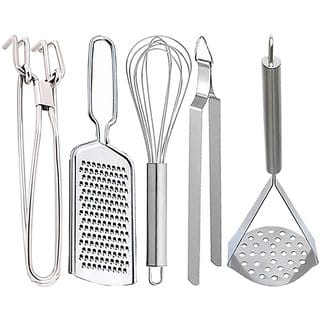 Oc9 Stainless Steel Kitchen Utility Combo Pakkad, Grater,  Whisker, Chimta and Potato Masher